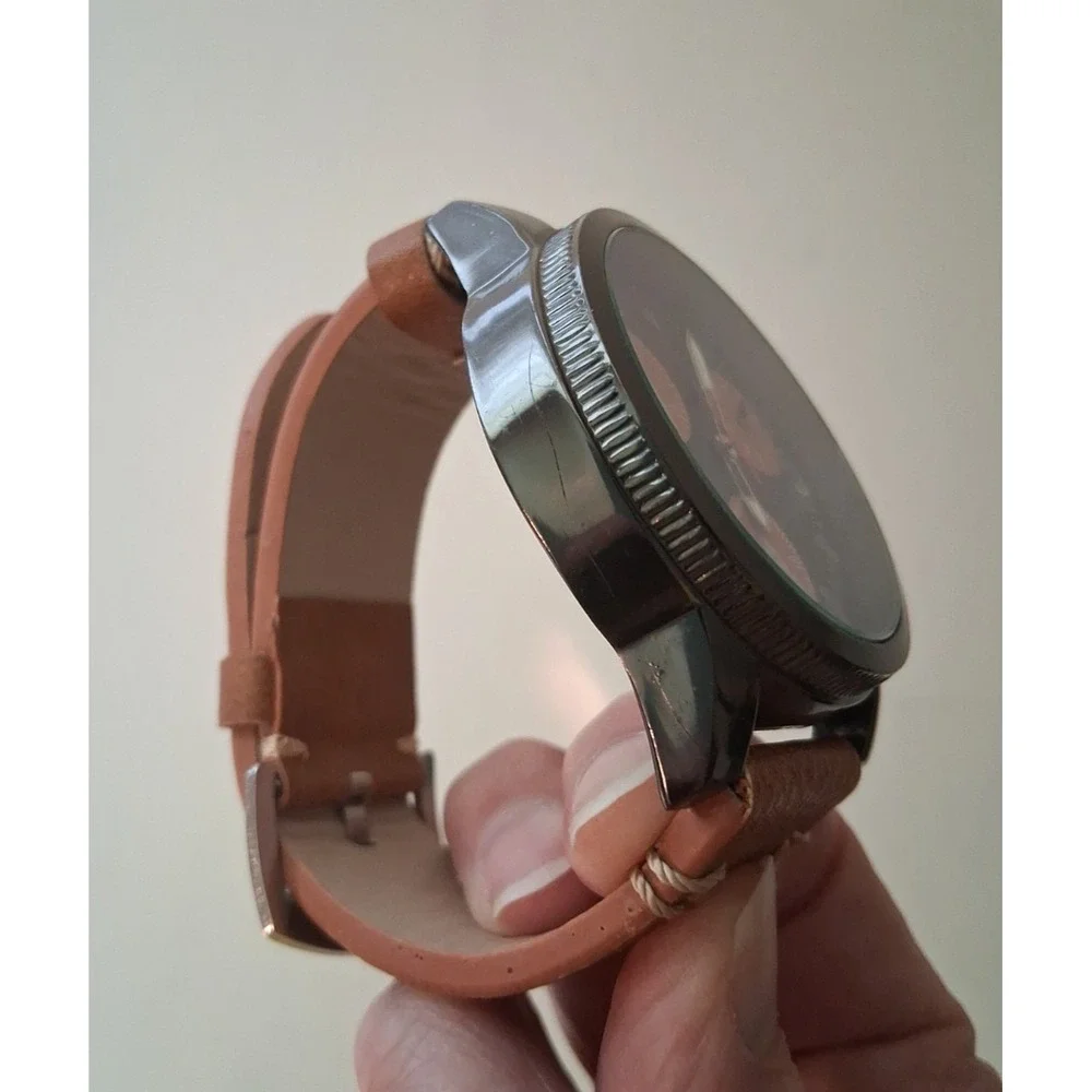 Chronograph Watch Dark Brown face Brown subdials Brown leather strap Working
